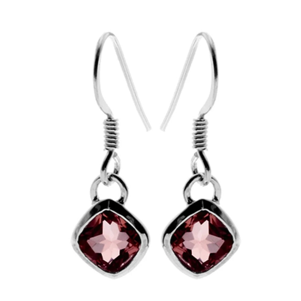 Cushion Natural Garnet Drop Earrings Sterling Silver 925 Hallmarked British Made