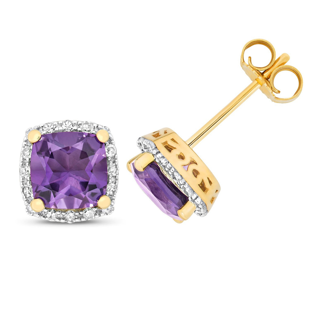 Natural Halo Cushion Amethyst Diamond Earrings 9ct Multi Tone Gold 375 Hallmark
