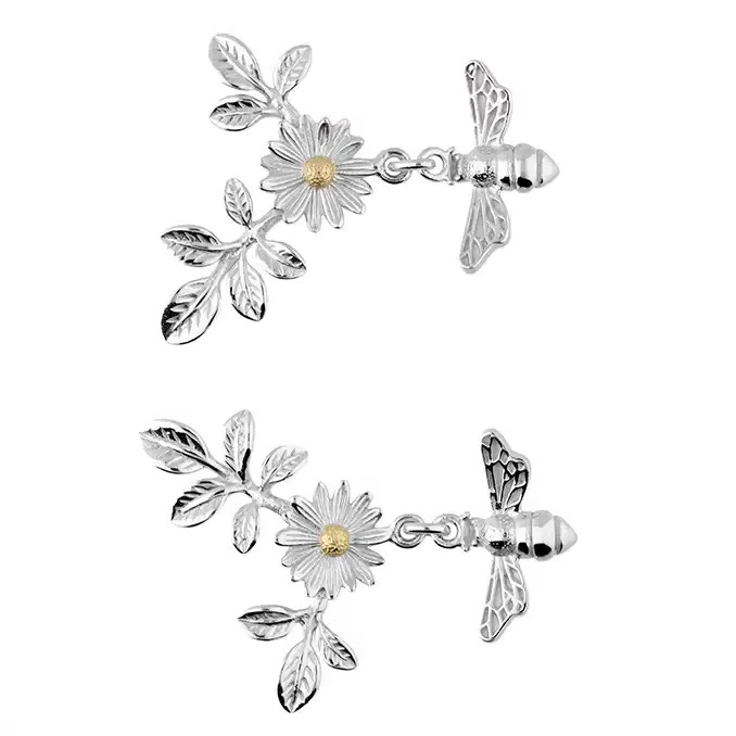 Daisy Bumble Bee Drop Earrings 18ct Yellow Gold Plated Hallmarked British Made