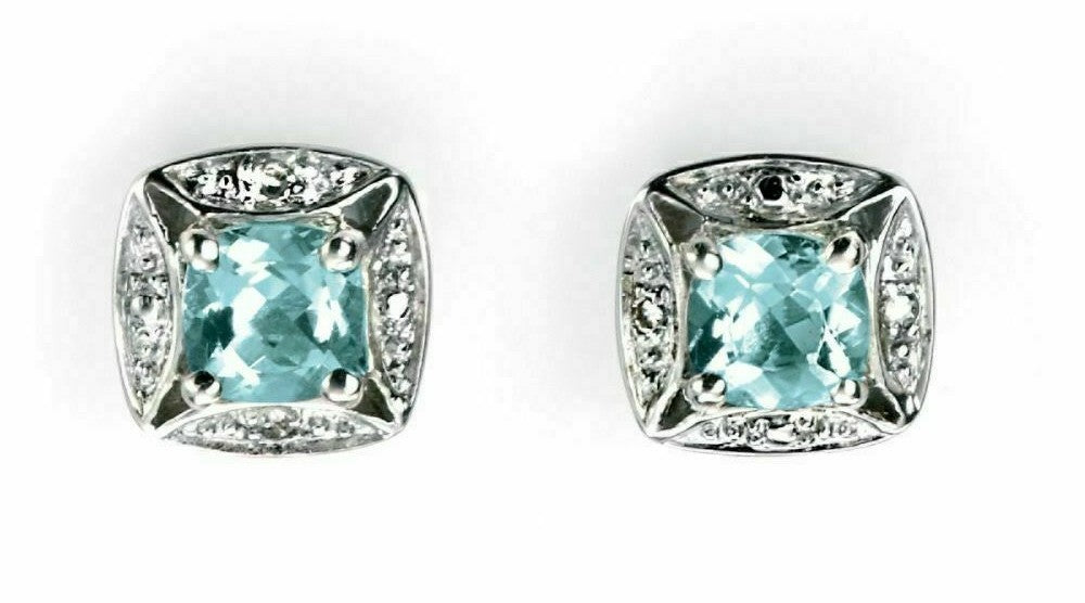Aquamarine and Diamond Stud Earrings 9k White Gold 375 Hallmarked British Made