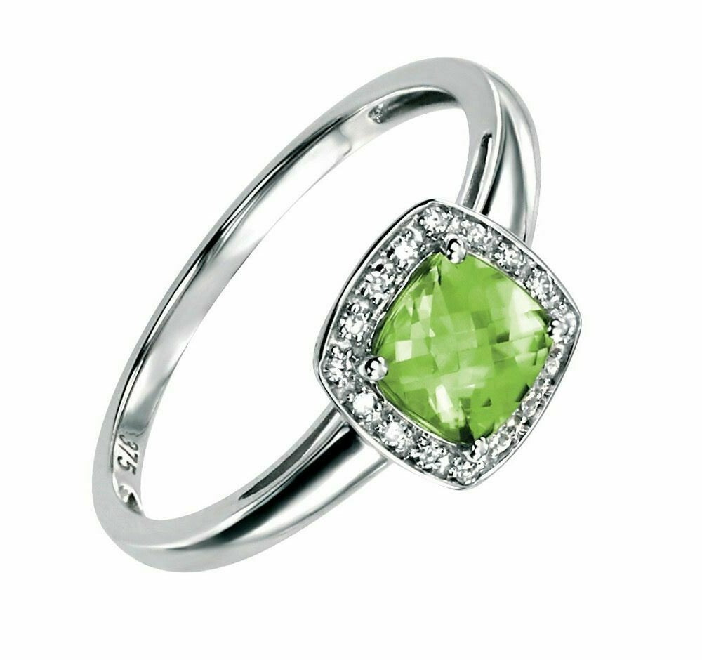 Cushion Cut Natural Peridot Ring with Diamond Surround in 9ct Yellow Gold