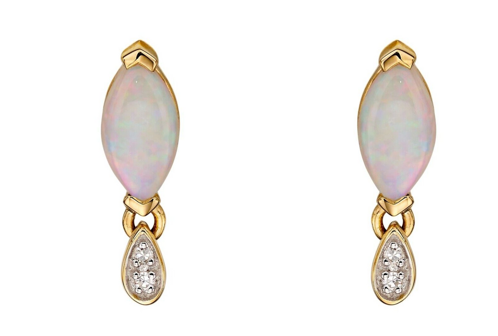 Oval Opal And Diamond Drop Earrings 9ct Yellow Gold 375 Hallmarked British Made