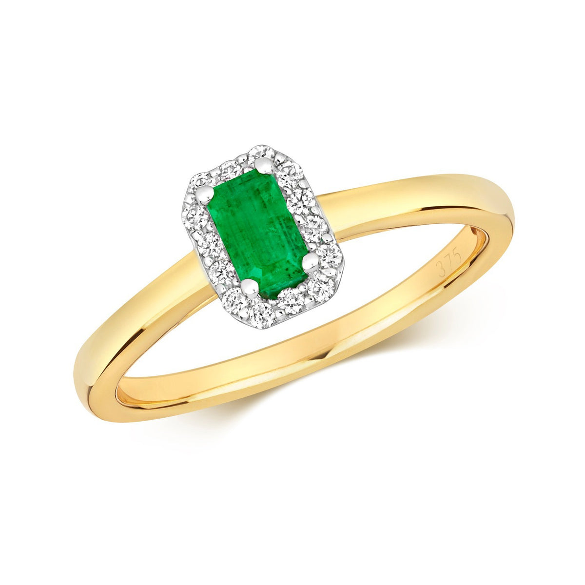 Octagon Emerald Diamond Halo Ring 9ct Gold 375 Hallmarked J - Q British Made