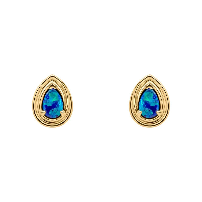 Blue Opal Teardrop Stud Earrings 9ct Yellow Gold 375 Hallmarked British Made