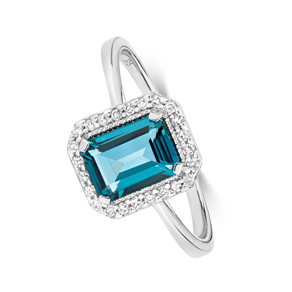 Halo Emerald Blue Topaz Diamond Ring 9ct White Gold 375 Hallmarked Sizes J - Q