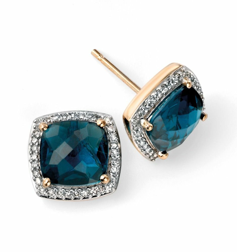 Checkerboard London Blue Topaz Earrings with Diamond in 9ct Yellow Gold