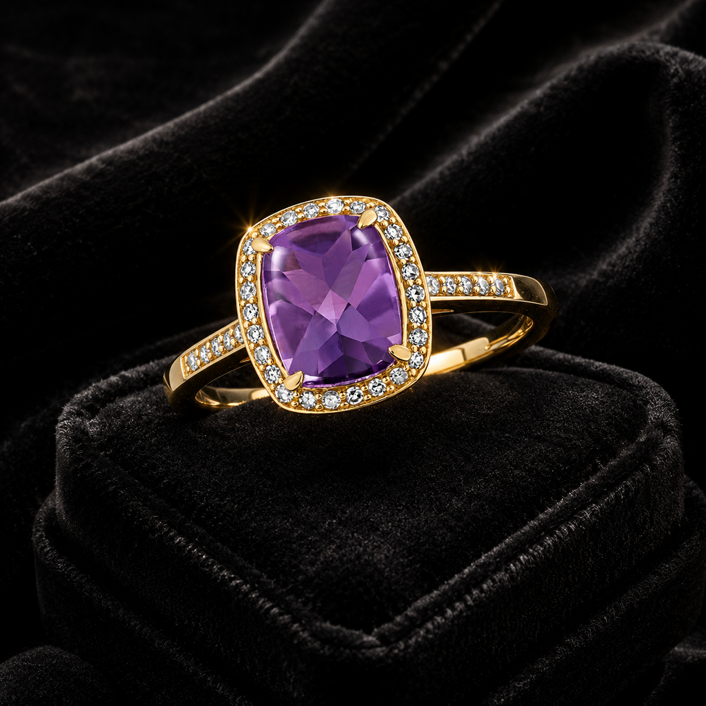 Halo Cushion Amethyst Diamond Ring 9ct Yellow Gold 375 Hallmarked Sizes J - Q