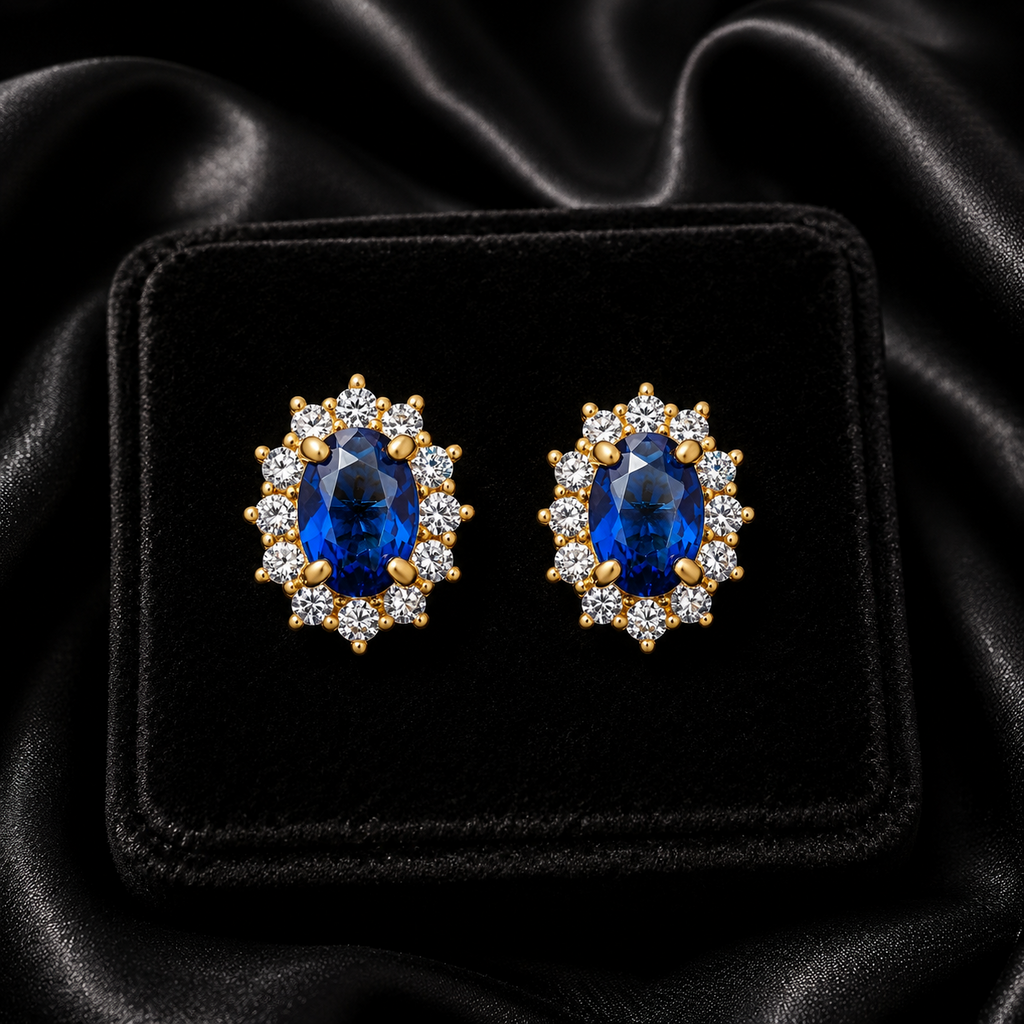 Yellow Gold Sapphire Cluster Earrings 375 Hallmarked 9 Carat New Boxed