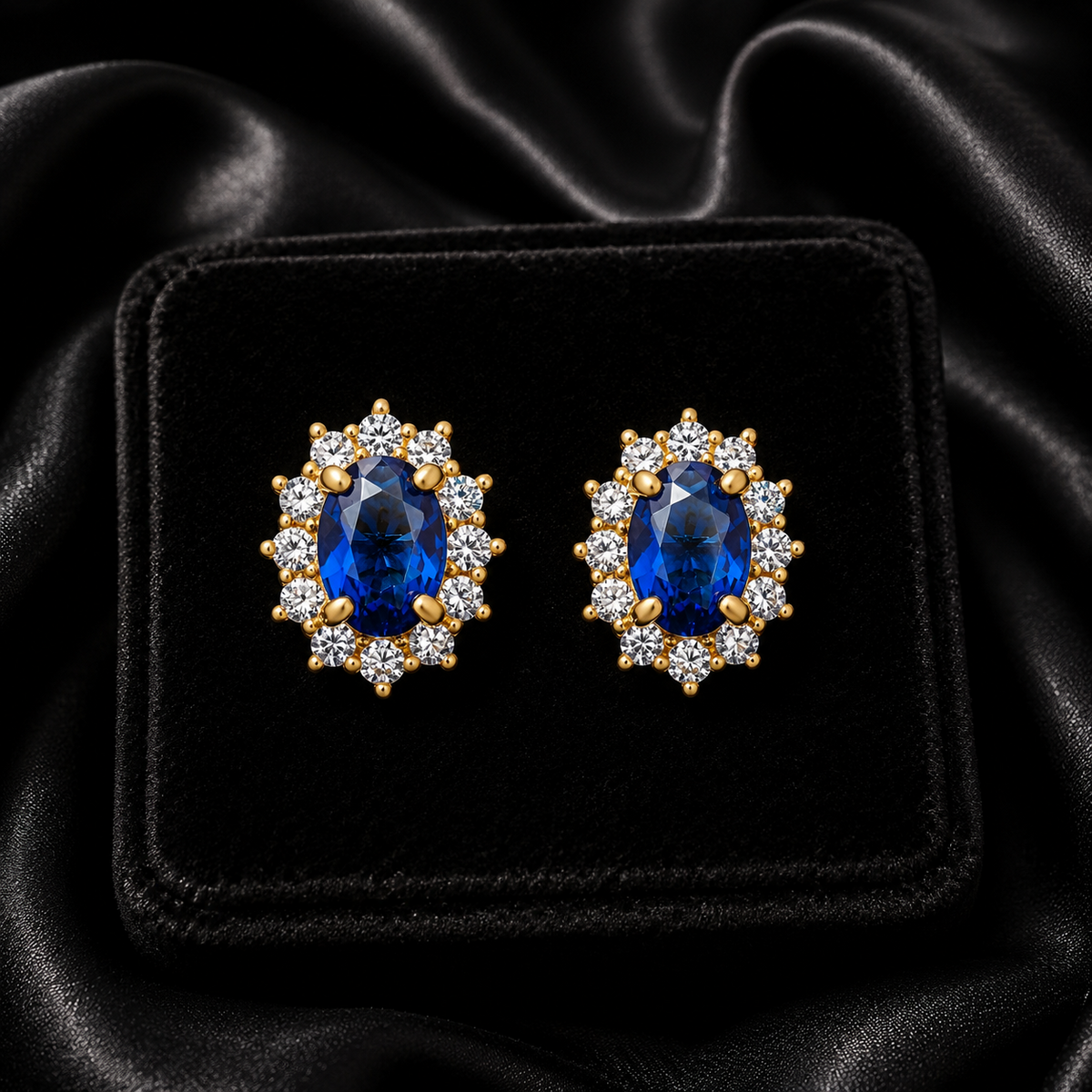Yellow Gold Sapphire Cluster Earrings 375 Hallmarked 9 Carat New Boxed