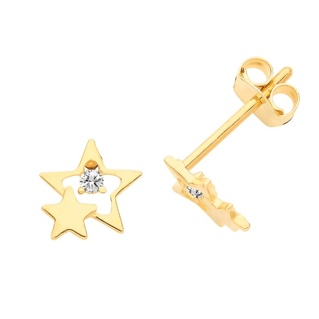 Double Star Prong Stud Earrings 9ct Yellow Gold 375 Hallmarked Brand New Boxed