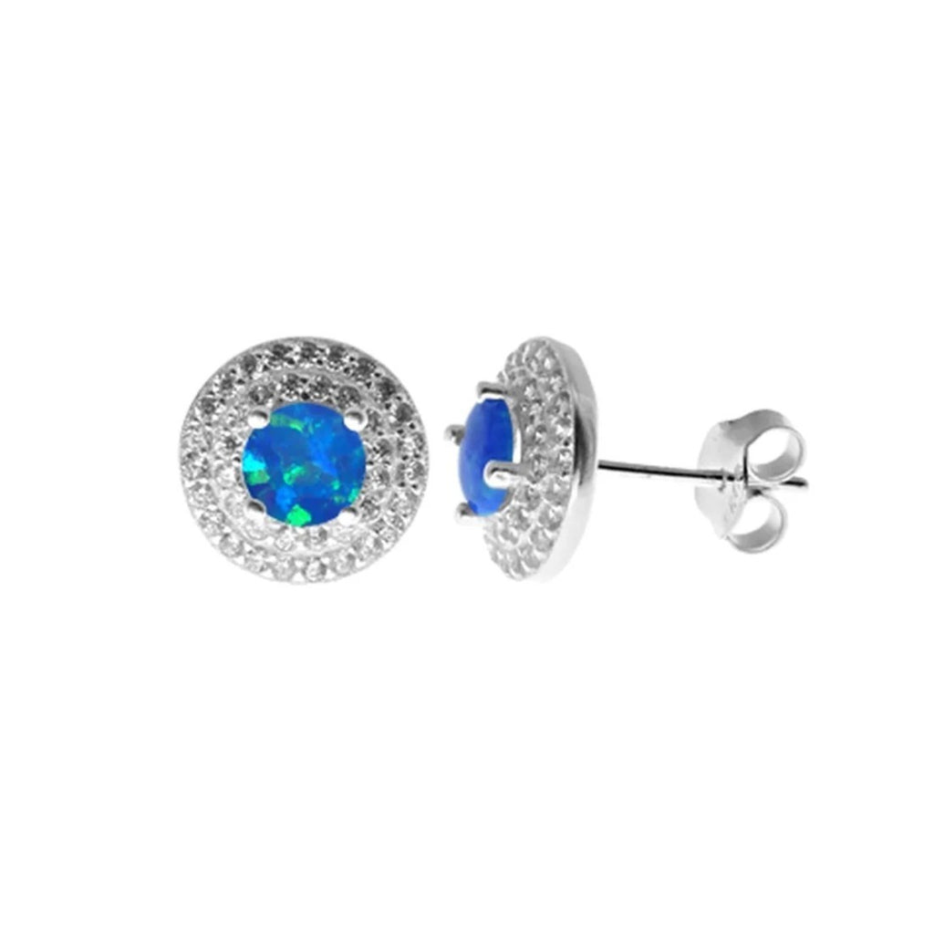 Natural Blue Opal Halo Stud Earrings Sterling Silver 925 Hallmarked Brand New