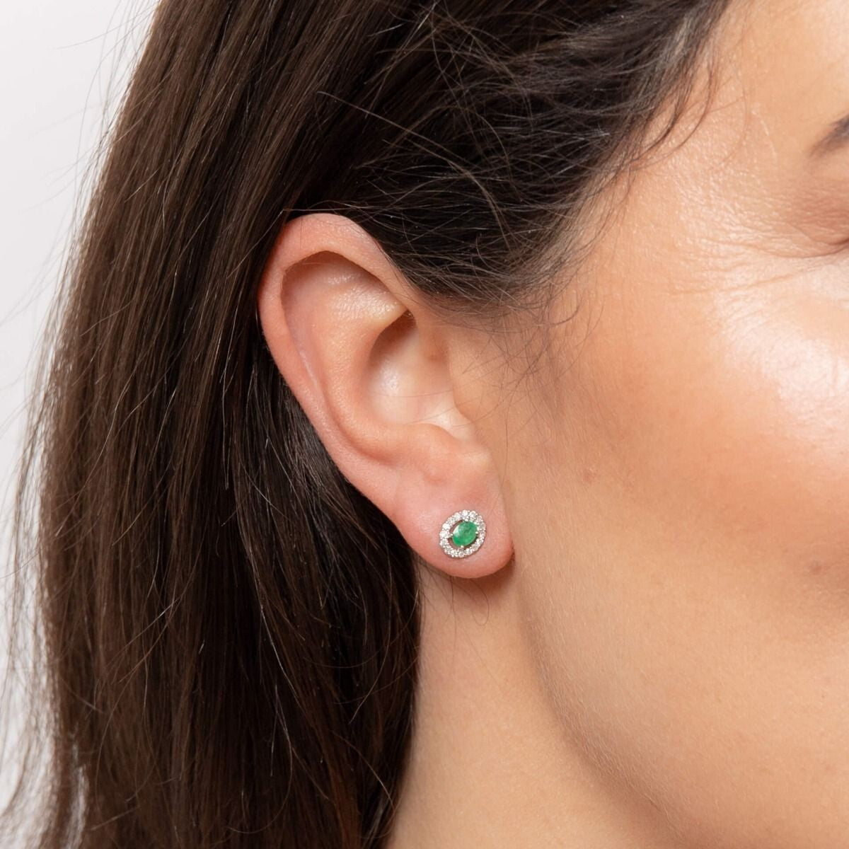 Natural Emerald Earrings with Diamond Cluster Surround in 9ct White Gold