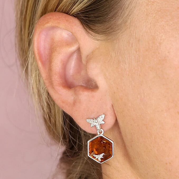 Amber Bee Drop Earrings Sterling Silver 925 Hallmarked British Made Brand New