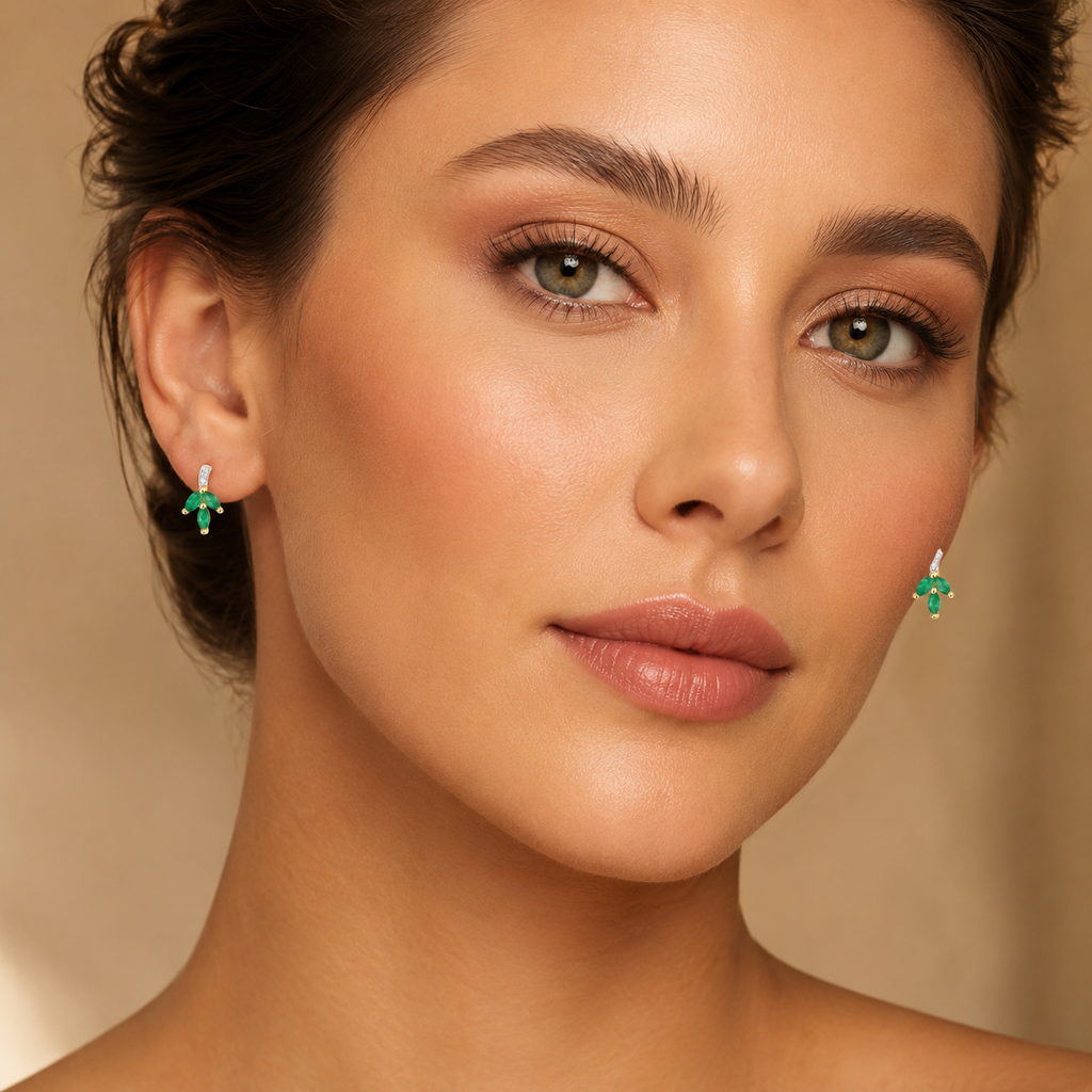 Emerald Floral Diamond Stud Earrings 9ct Yellow Gold 375 Hallmarked British Made