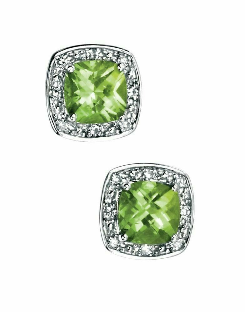 Peridot and Diamond Stud Earrings 9k White Gold 375 Hallmarked British Made