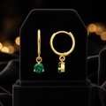 Yellow Gold Emerald Earrings Drop Hoops Natural Stone 375 9 Carat New Boxed
