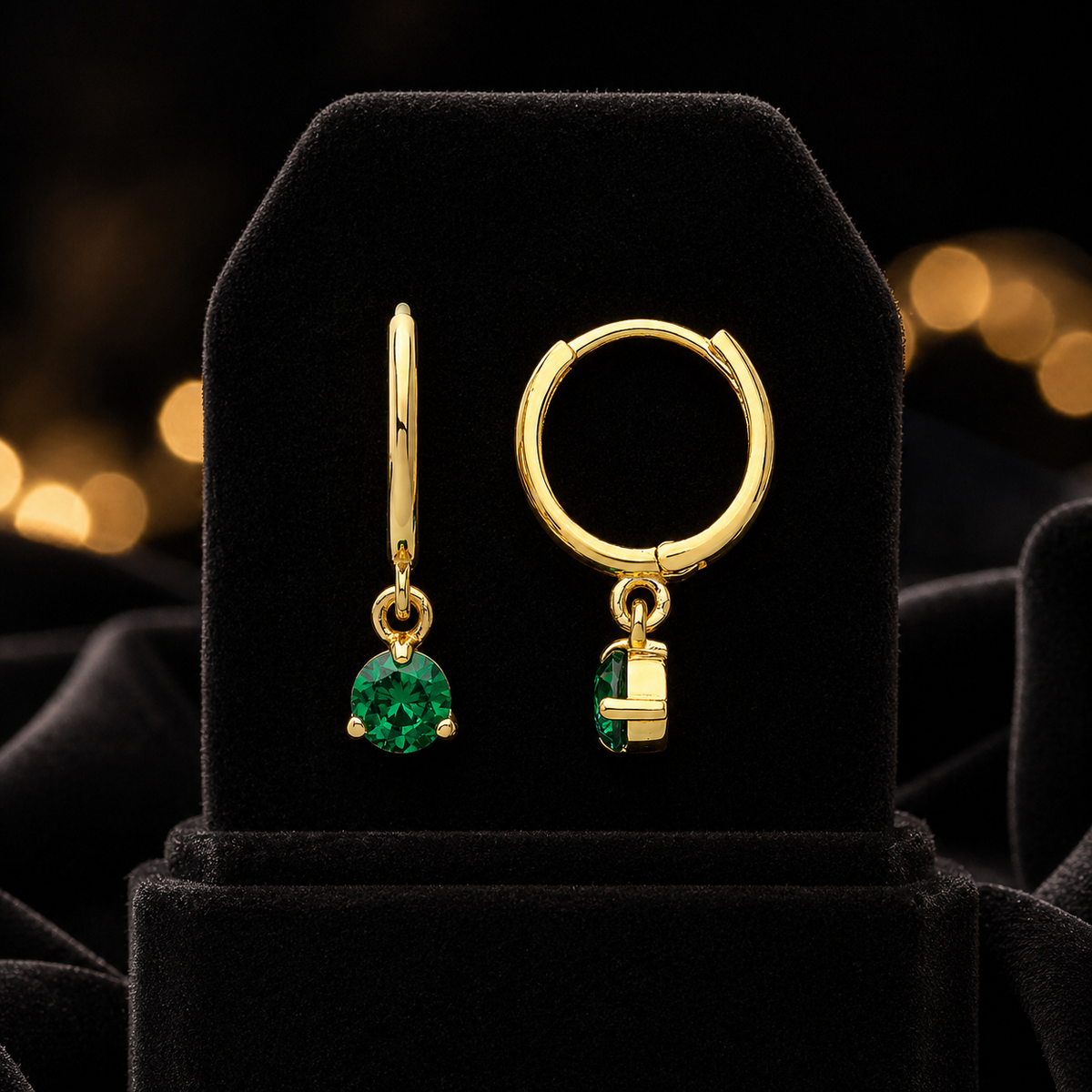 Yellow Gold Emerald Earrings Drop Hoops Natural Stone 375 9 Carat New Boxed