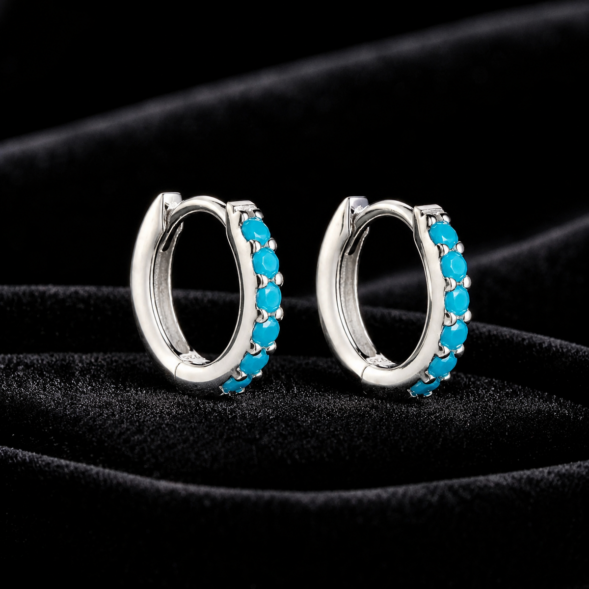 6 Stone Turquoise Hoop Earrings Sterling Silver 925 Hallmarked Brand New