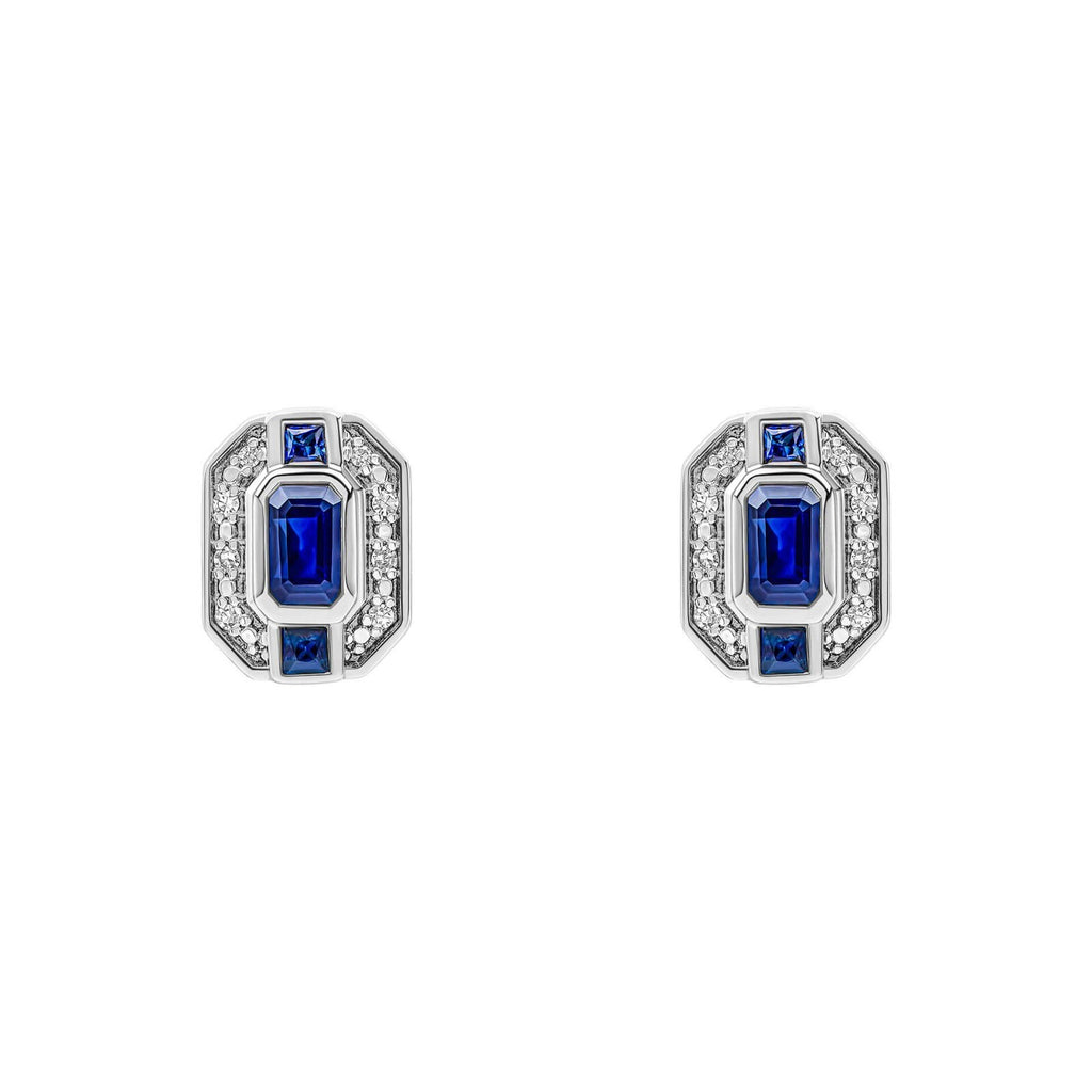 Channel Sapphire & Diamond Earrings 9ct White Gold 375 Hallmarked British Made