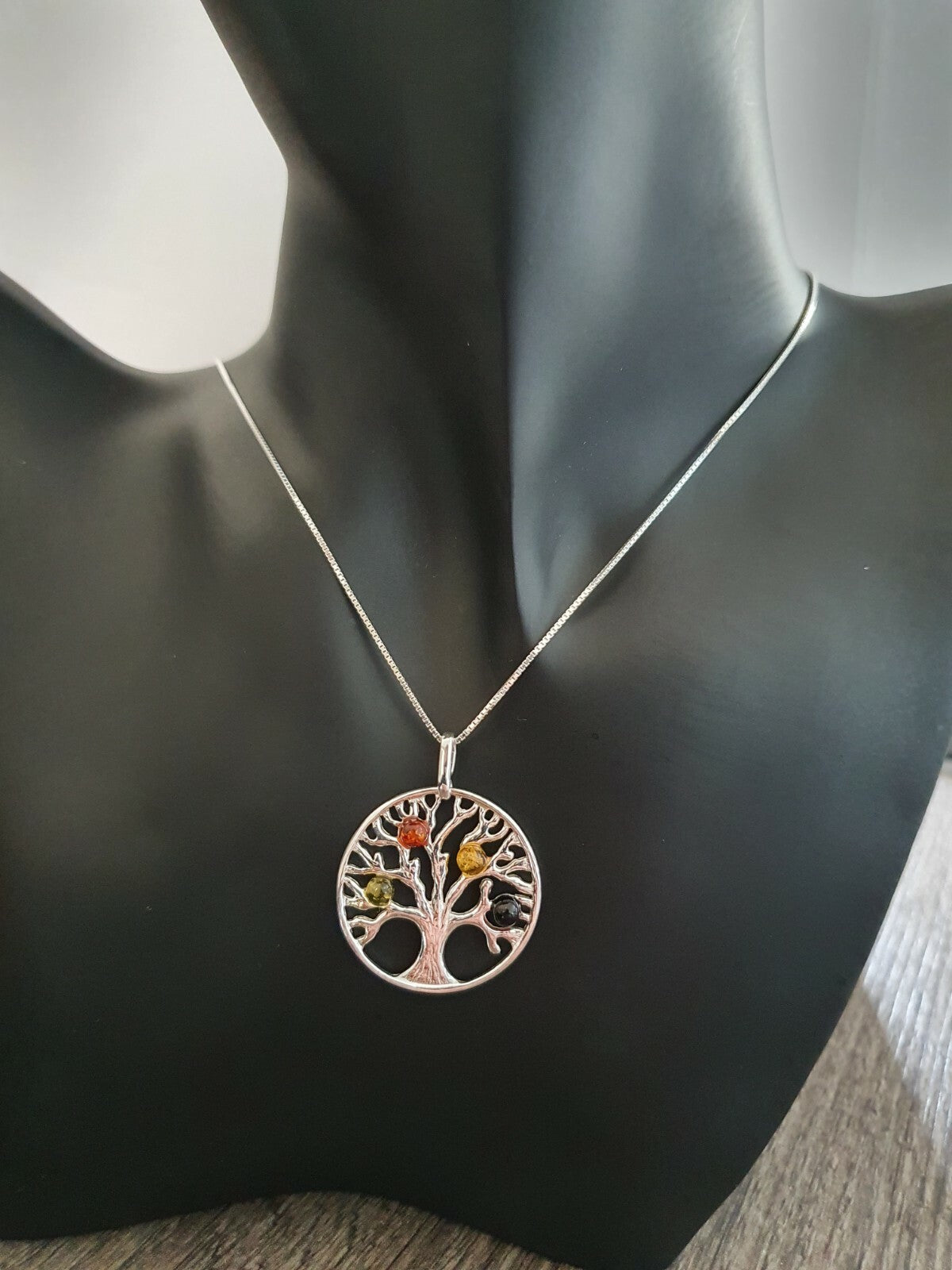 Real Amber Tree of Life Pendant Solid Sterling Silver 925 Hallmark 18" Chain