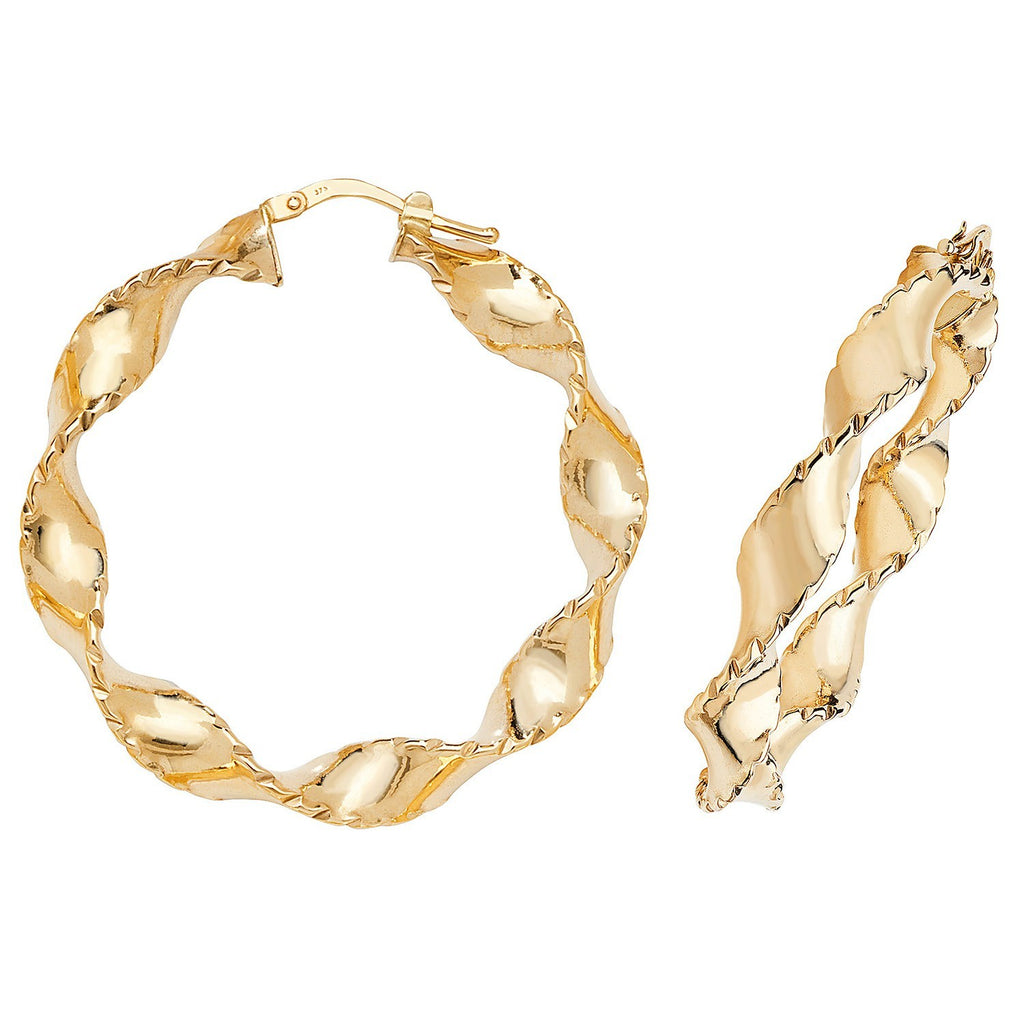 9ct Yellow Gold Ribboned Hoop Earrings 375 Hallmarked 20mm - 60mm Diameter