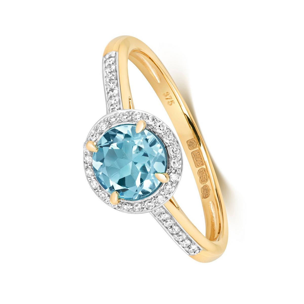 Round Halo Blue Topaz Diamond Ring 9ct 2 Tone Gold 375 Hallmarked Sizes J - Q
