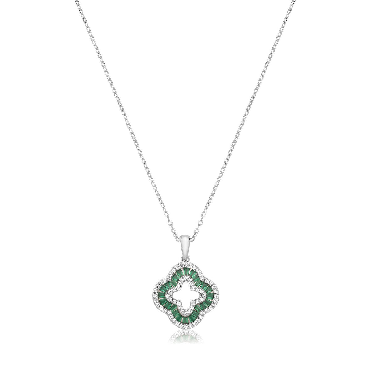 Halo Baguette Clover Necklace Sterling Silver 925 Hallmarked British Made