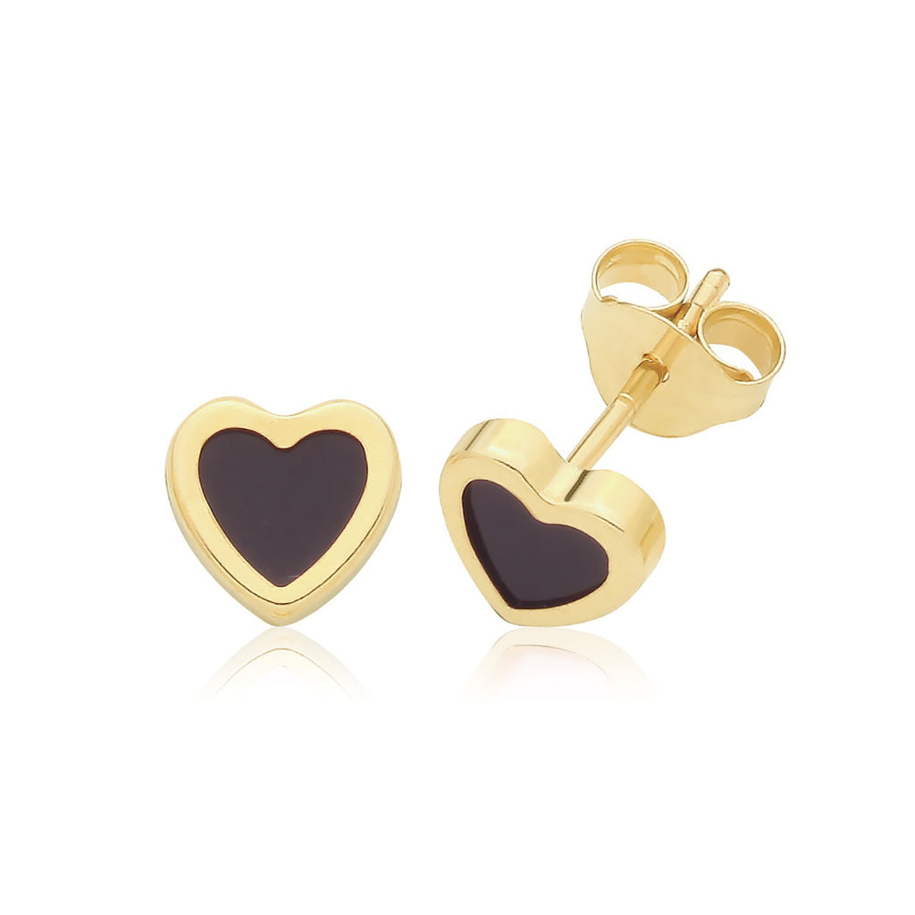 Flush Natural Onyx Heart Stud Earrings 9ct Yellow Gold 375 Hallmarked Brand New