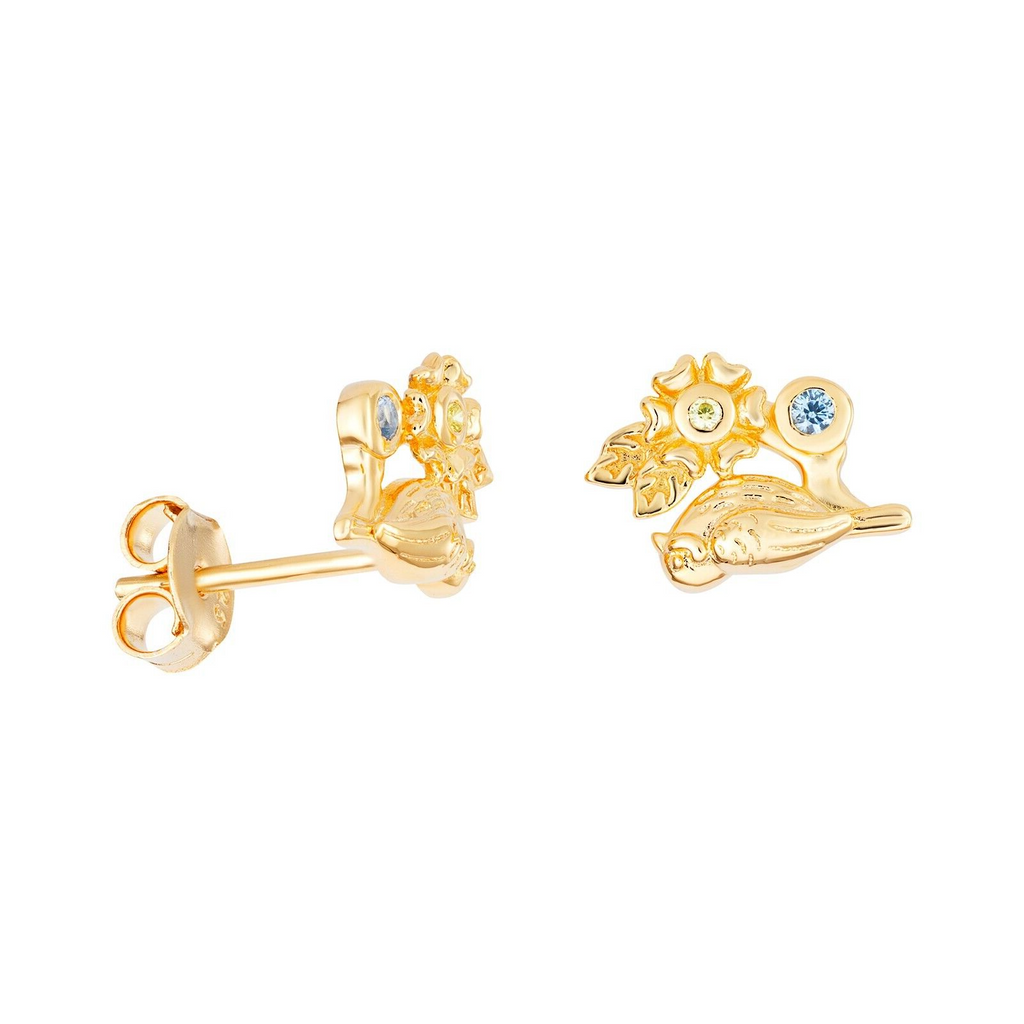 Aquamarine Bird Stud Earrings 9ct Yellow Gold Plated Hallmarked British Made