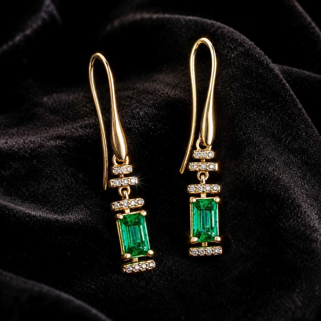 Emerald And Diamond Halo Drop Earrings 9ct Yellow Gold 375 Hallmark British Made