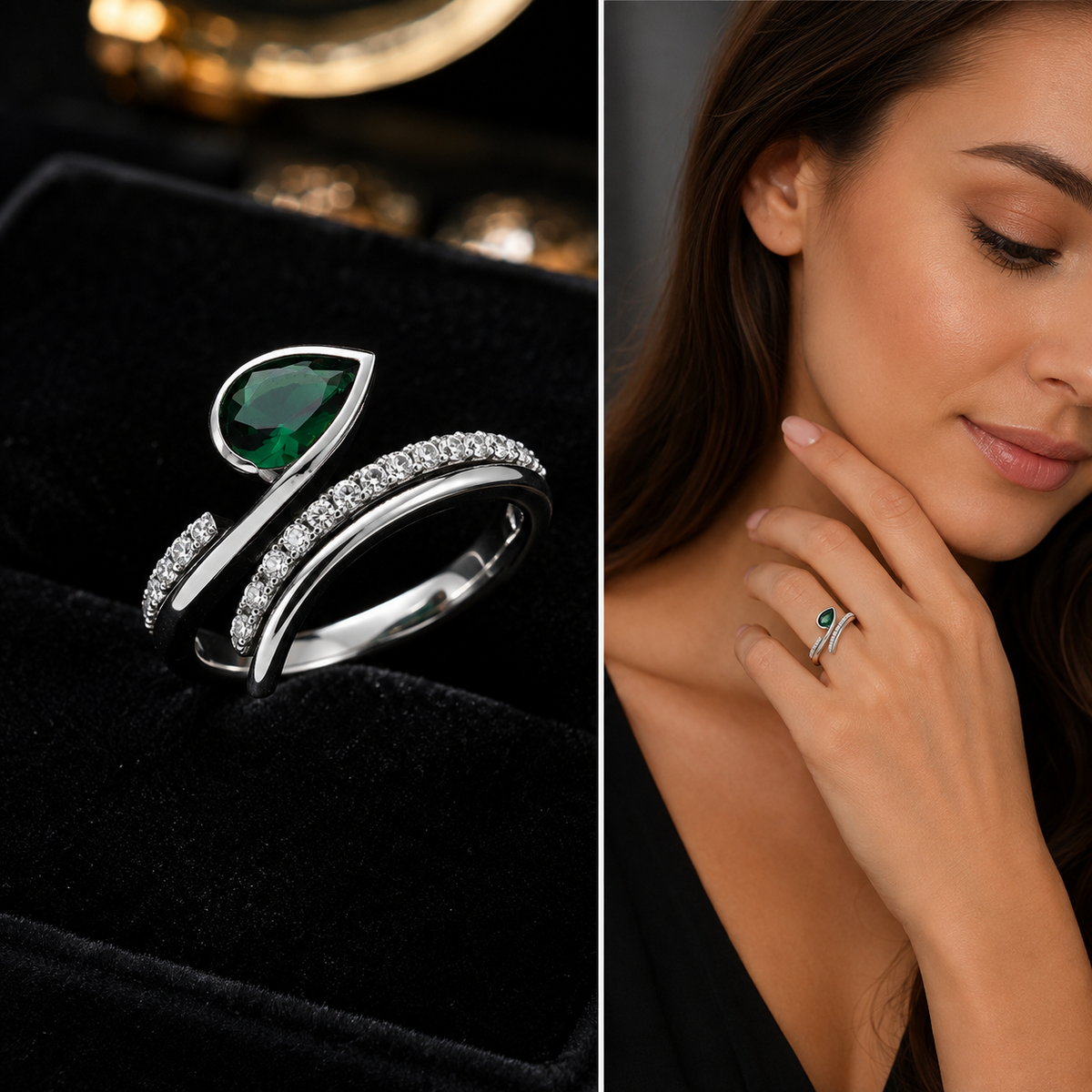Waved Pear Emerald Ring Sterling Silver 925 Hallmarked Sizes I - T British Made