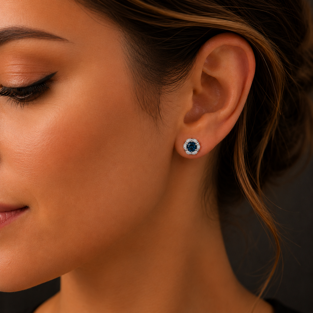 Natural Floral Blue Topaz Diamond Stud Earrings 9ct White Gold 375 Hallmarked