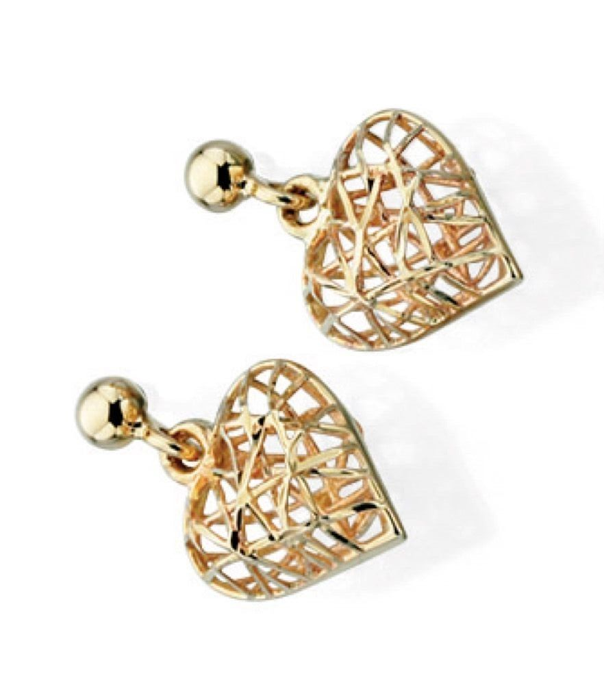 Caged Heart Drop Earrings 9ct Yellow Gold 375 Hallmarked British Made