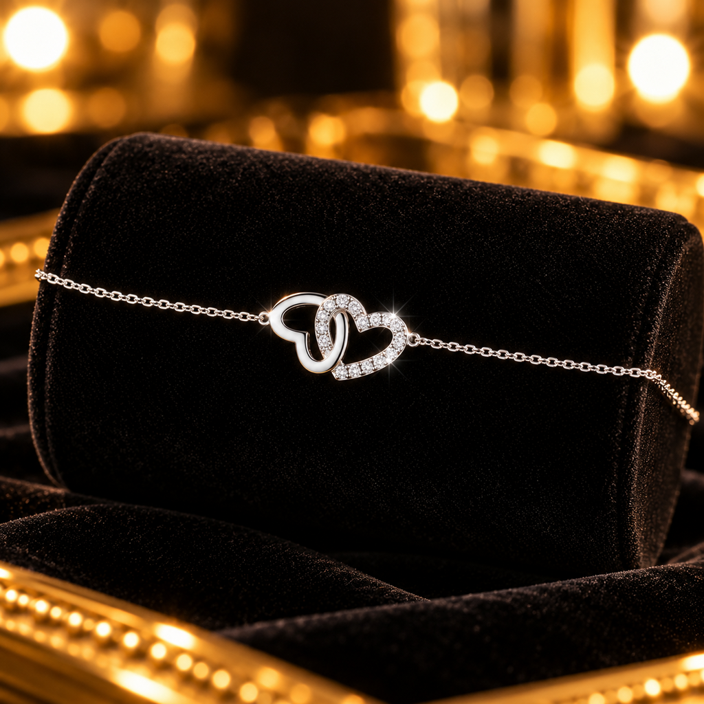 Ladies Pave Double Heart Bracelet Sterling Silver 925 Hallmarked Brand New Boxed