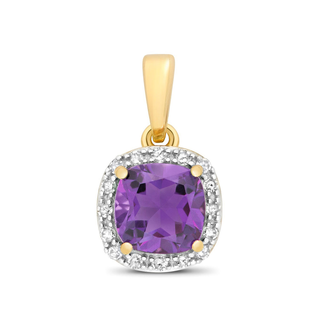 Cushion Amethyst Diamond Pendant 9ct Multi Tone Gold 375 Hallmark Chain Lengths