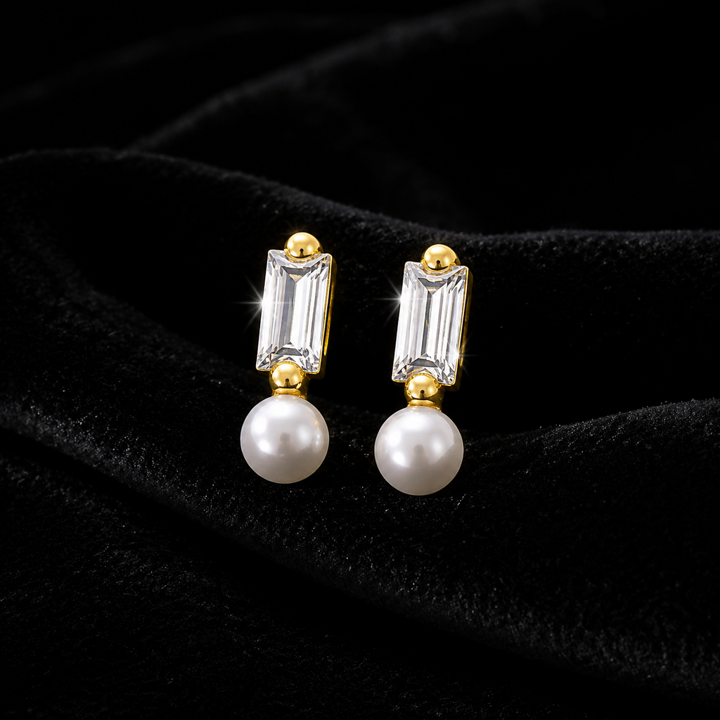 Baguette Natural Pearl Stud Earrings 9ct Yellow Gold 375 Hallmarked Brand New