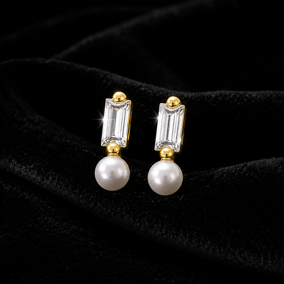 Baguette Natural Pearl Stud Earrings 9ct Yellow Gold 375 Hallmarked Brand New