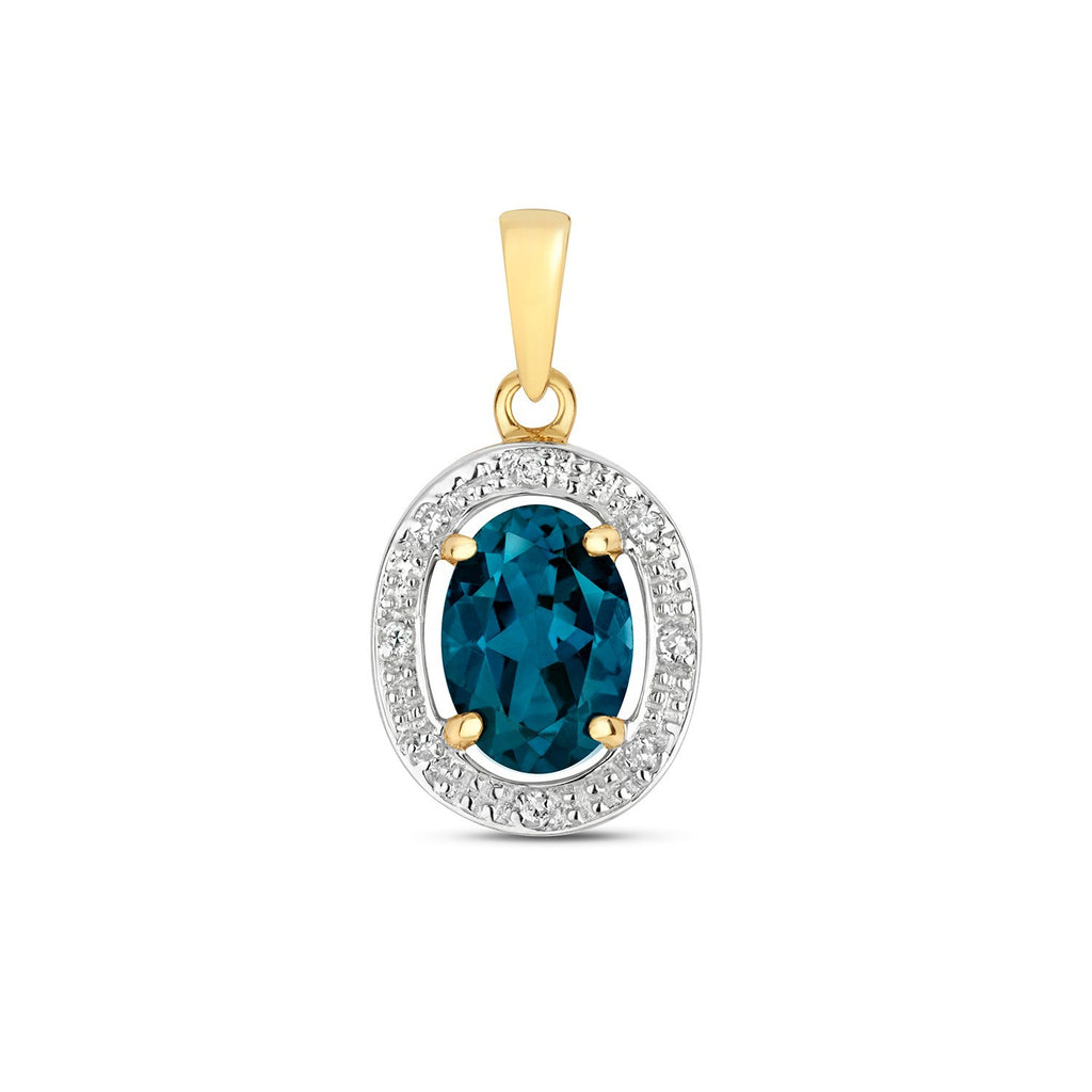 Oval Blue Topaz Diamond Pendant 9ct Multi Tone Gold 375 Hallmarked Chain Lengths