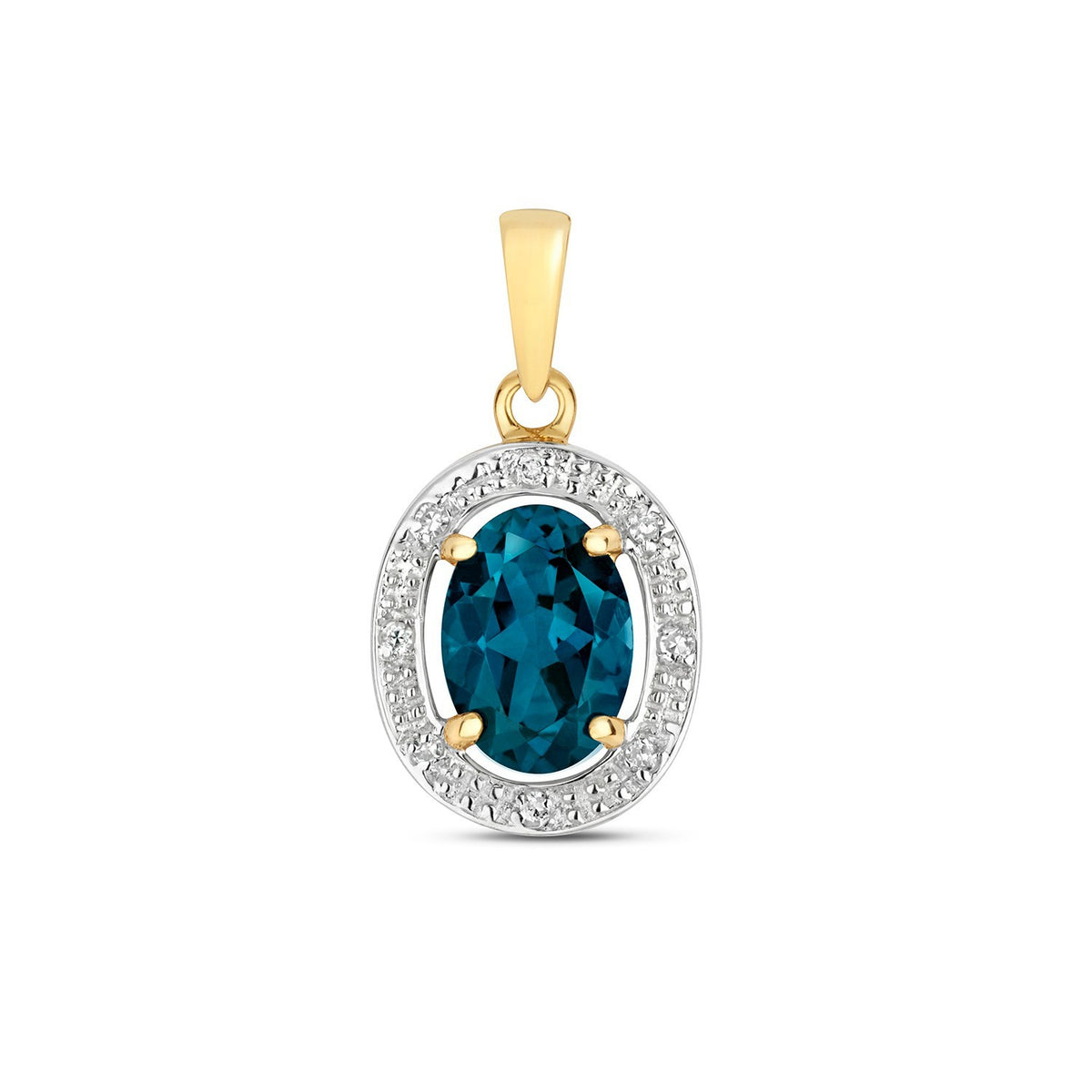 Oval Blue Topaz Diamond Pendant 9ct Multi Tone Gold 375 Hallmarked Chain Lengths