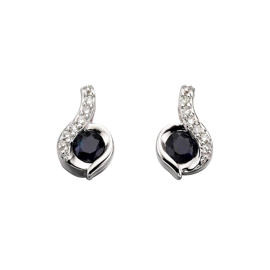 Sapphire & Diamond Swirl Earrings 9ct White Gold 375 Hallmarked British Made