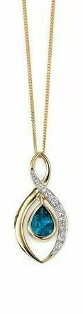 Blue Topaz & Diamond Pendant 9ct Yellow Gold 375 Hallmarked Brand New Boxed