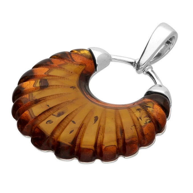 Scalloped Cognac Amber Pendant Sterling Silver 925 Hallmarked All Chain Lengths