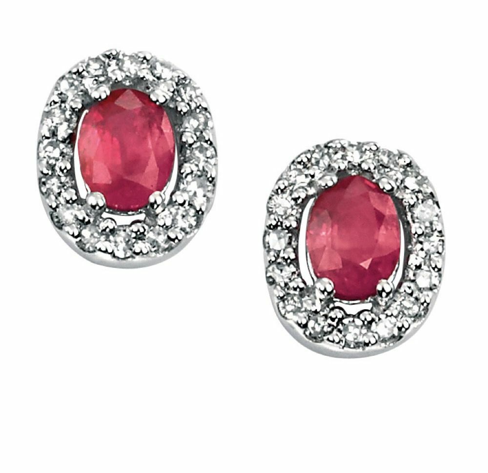 Natural Ruby Earrings with Diamond Cluster Surround in 9ct White Gold Brand New