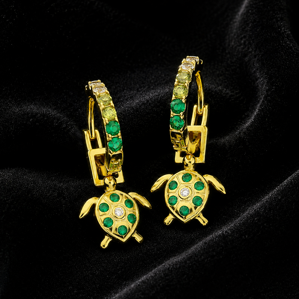 Emerald Turtle Huggie Hoop Earrings 18ct Yellow Gold Plated Hallmark Brand New