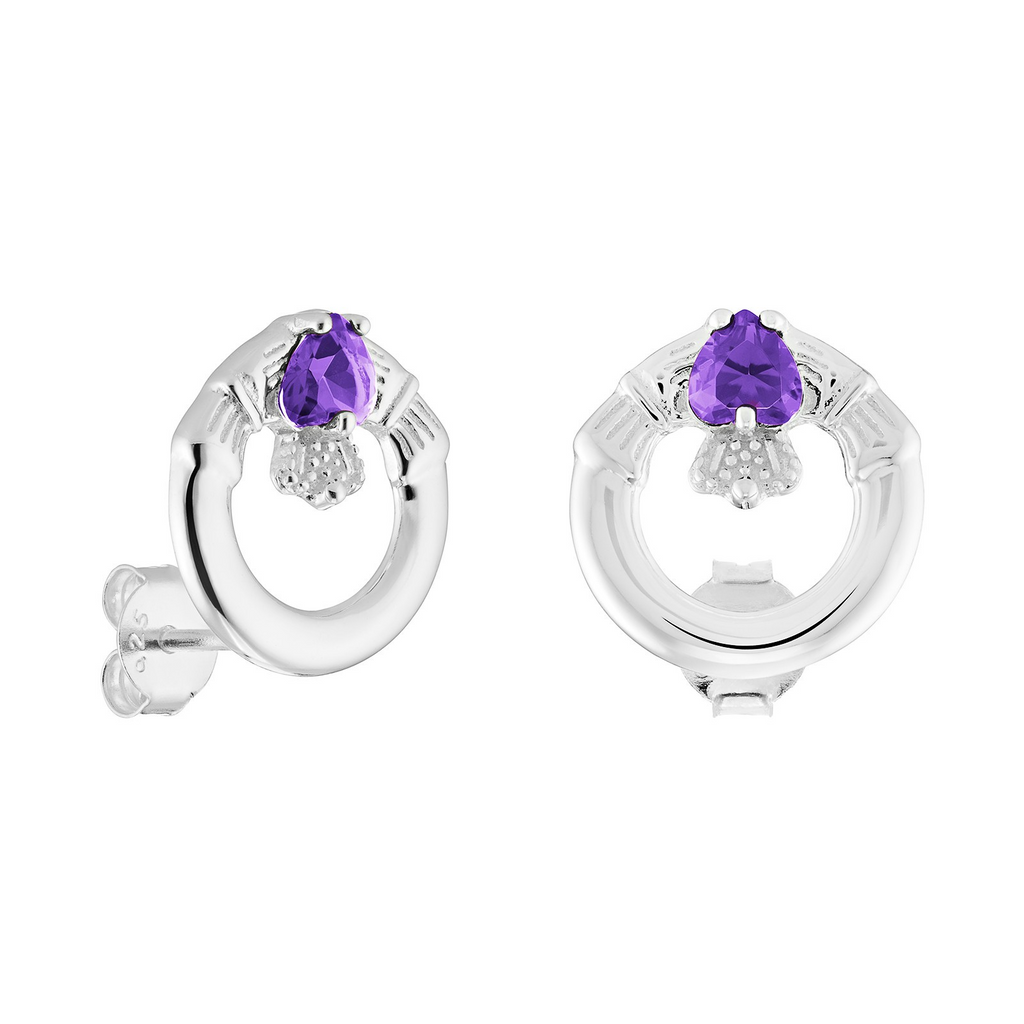 Amethyst Claddagh Stud Earrings Sterling Silver 925 Hallmarked British Made