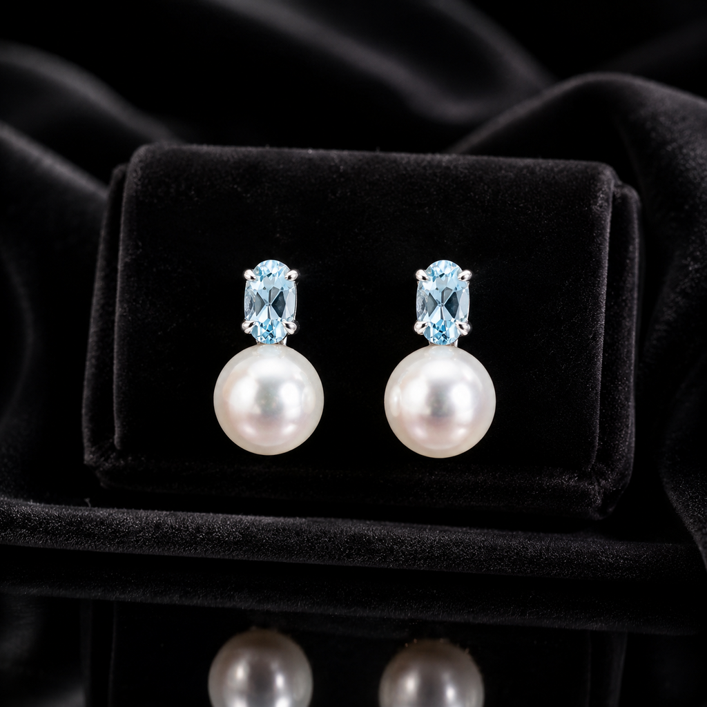 Pearl & Topaz Teardrop Earrings 9ct White Gold 375 Hallmarked British Made