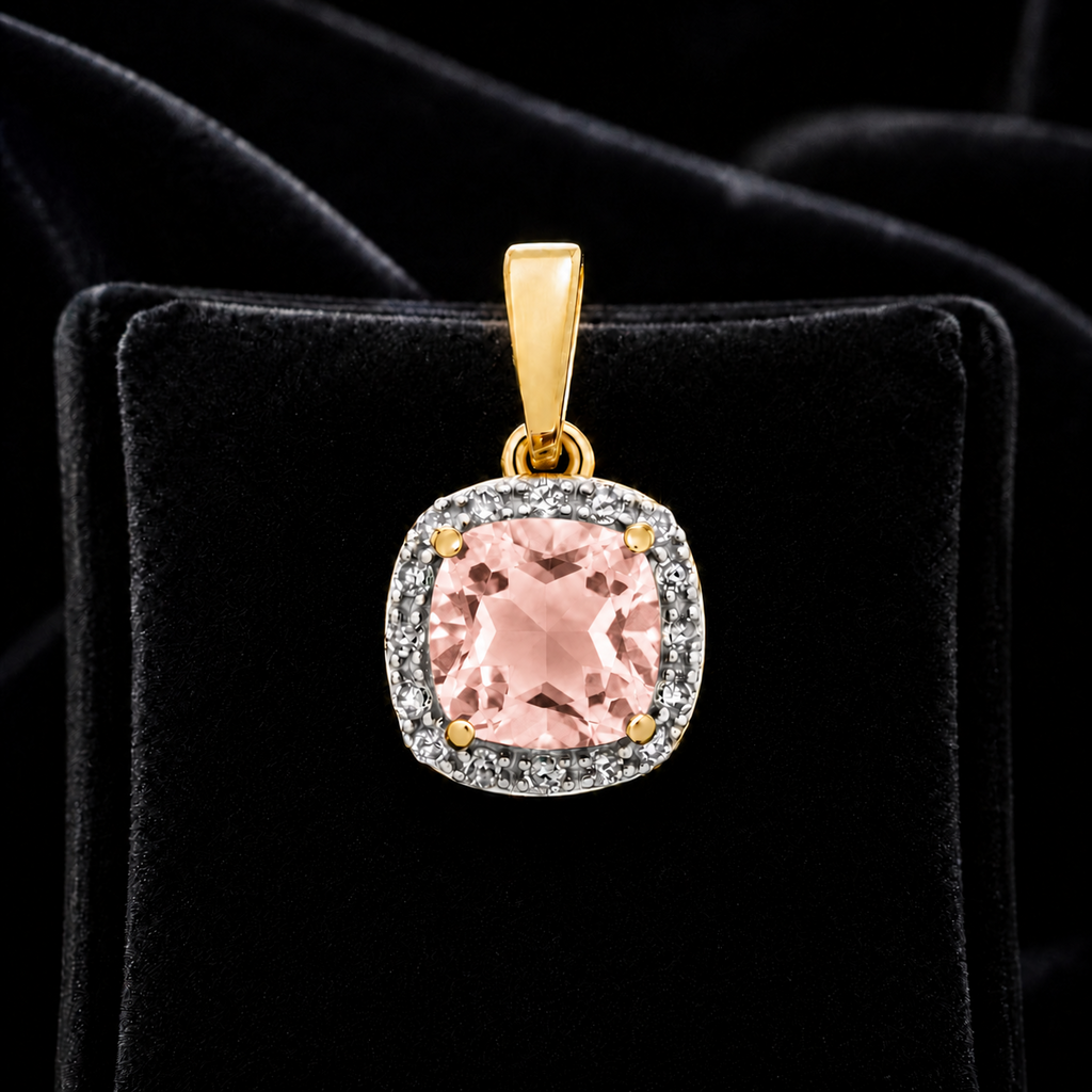 Cushion Morganite Diamond Pendant 9ct Multi Tone Gold 375 Hallmark Chain Lengths