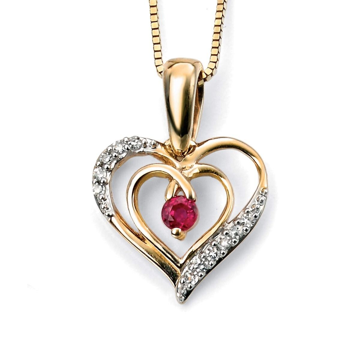 Heart Ruby and Diamond Pendant 9ct Yellow Gold 375 Hallmarked British Made