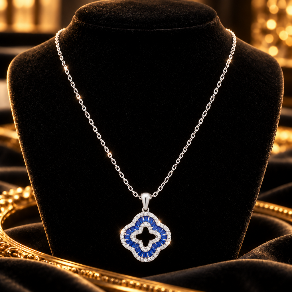 Sapphire Baguette Clover Necklace Sterling Silver 925 Hallmarked British Made