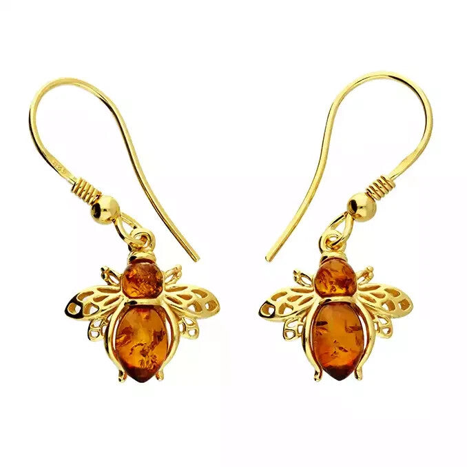 Amber Bumble Bee Drop Earrings 18ct Yellow Gold Plated Hallmarked British Made